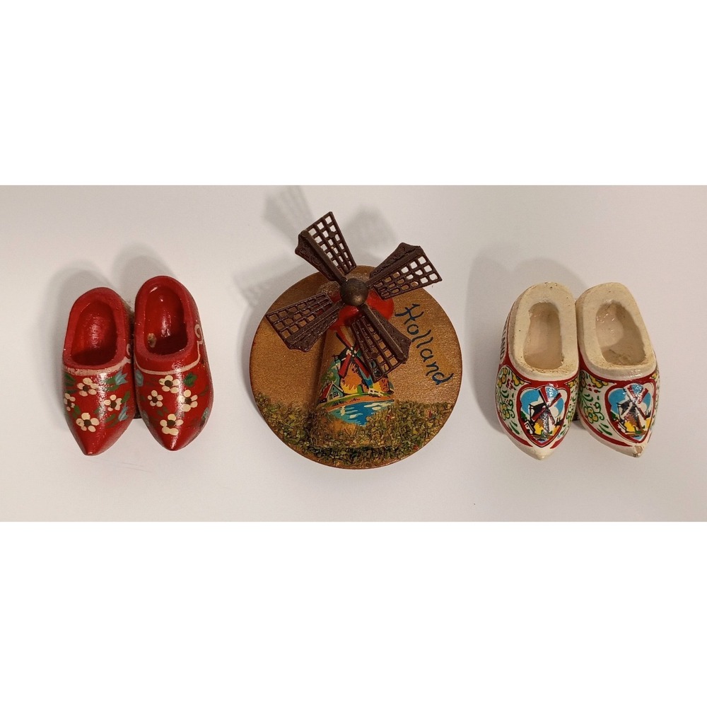 3 Fridge Magnets 3D Souvenir Holland Netherlands Dutch Clogs Windmill Wooden